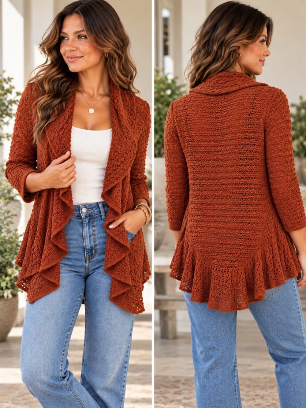 Dressbarn Cardigan Women’s Large Rust Ruffle Open Knit Waterfall Boho Fall